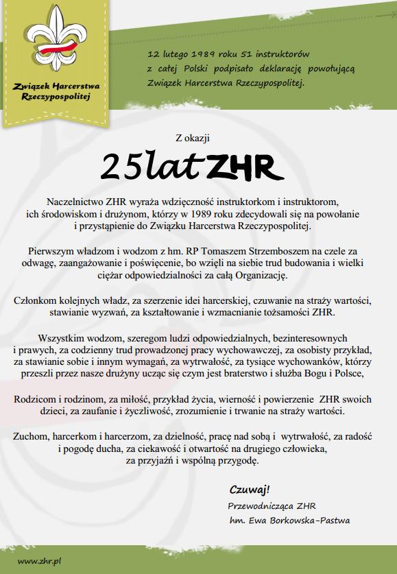 podziekowanie za 25 lat ZHR