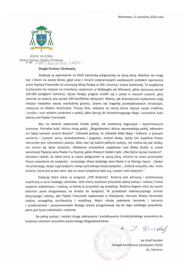 przesłanie ks. bp. na pielgrzymkę ZHR 2014